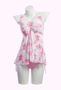 Retro rosa y blanco palmera impresión de dos piezas traje de baño con fondo
