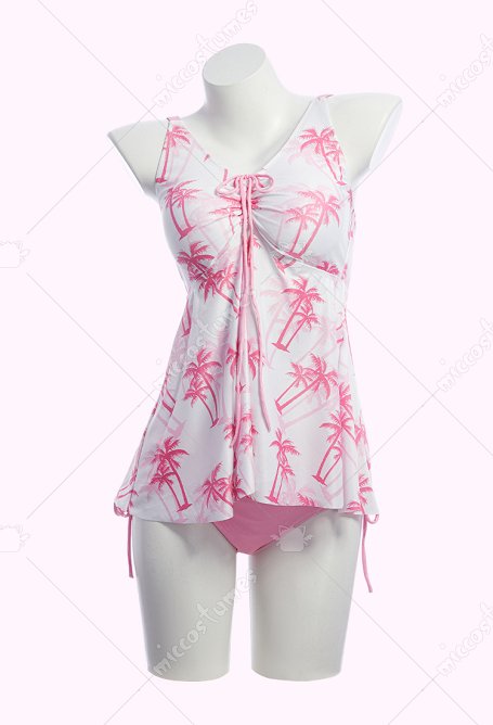 Retro rosa y blanco palmera impresión de dos piezas traje de baño con fondo