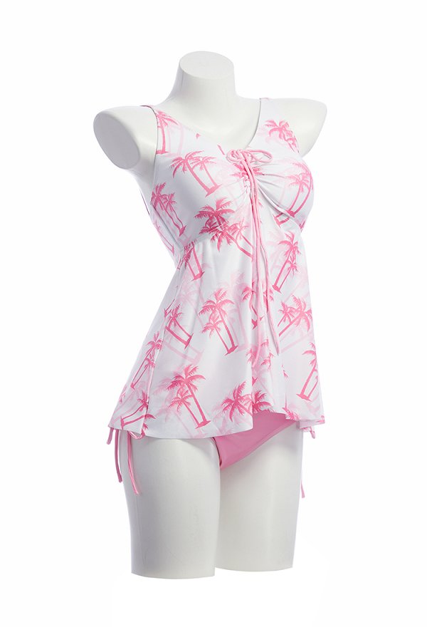 Retro rosa y blanco palmera impresión de dos piezas traje de baño con fondo