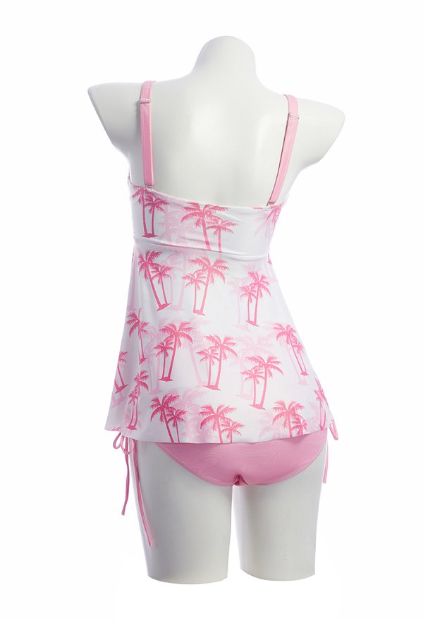 Retro rosa y blanco palmera impresión de dos piezas traje de baño con fondo
