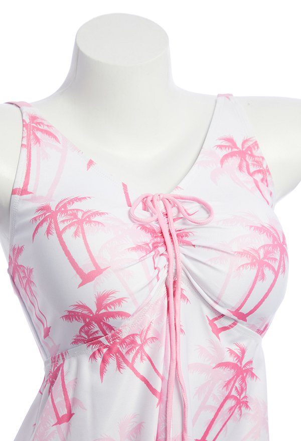 Retro rosa y blanco palmera impresión de dos piezas traje de baño con fondo