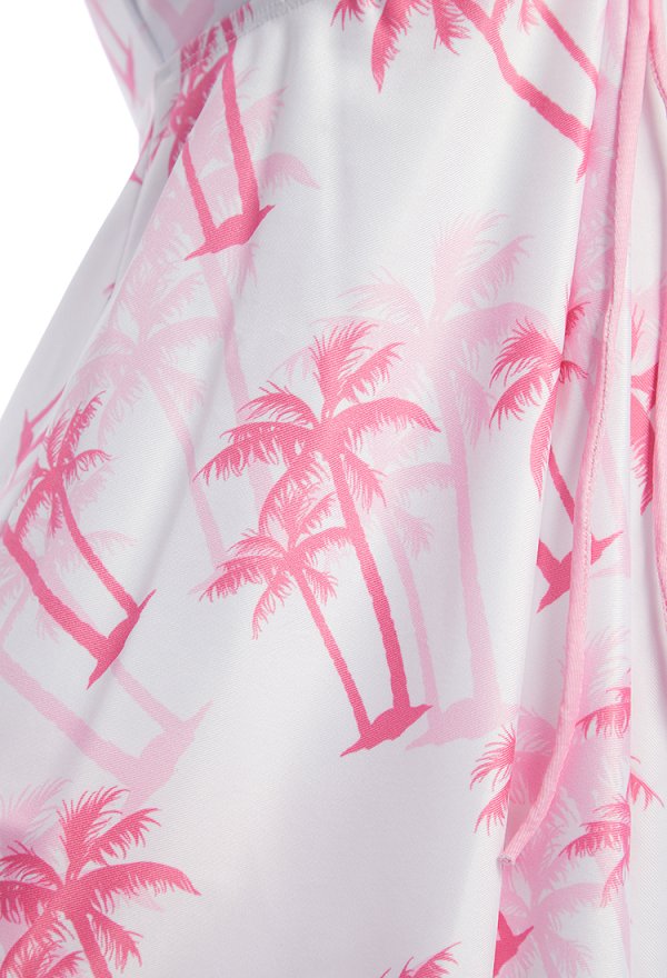 Retro rosa y blanco palmera impresión de dos piezas traje de baño con fondo