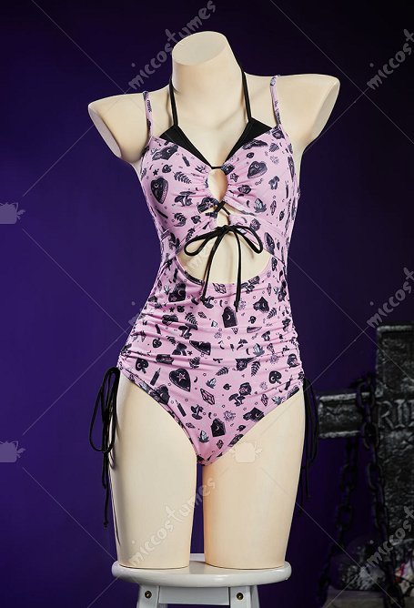 Gothic Badeanzug Hexenmotiv Schwarz und Rosa dunkler Swimsuit Bikinis Badeanzug Kordelzug