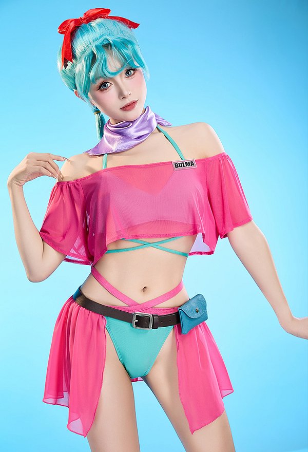 Maillot de bain deux pièces dérivé de Dragon Boru Bulma composé d'un haut et d'une culotte avec cache-maillot et ceinture
