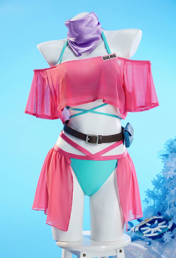 Maillot de bain deux pièces dérivé de Dragon Boru Bulma composé d'un haut et d'une culotte avec cache-maillot et ceinture