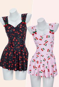 Joli maillot de bain une pièce Cherry avec imprimé rétro et jupe