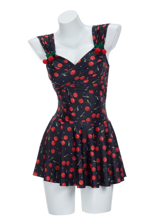 Bonito bañador de una pieza con estampado retro y falda