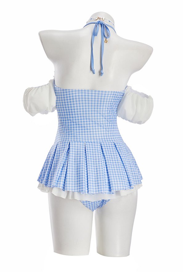 The Wizard Dorothy Derivative Retro Azul y Blanco a cuadros Traje de baño de una pieza con Mangas de Puff y Choker The Wizard Dorothy Derivative Retro Azul y Blanco a cuadros Traje de baño de una pieza con Mangas de Puff y Choker