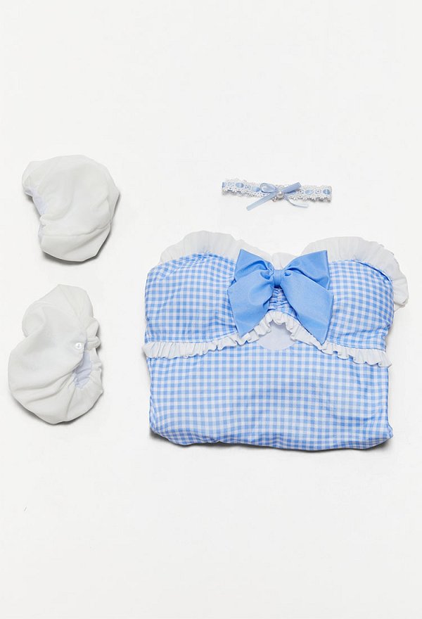 The Wizard Dorothy Derivative Retro Azul y Blanco a cuadros Traje de baño de una pieza con Mangas de Puff y Choker The Wizard Dorothy Derivative Retro Azul y Blanco a cuadros Traje de baño de una pieza con Mangas de Puff y Choker