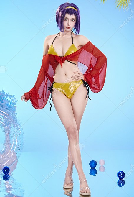 Bebop Faye Valentine Derivado Sexy Split Traje de baño bikini con cordones y pareo