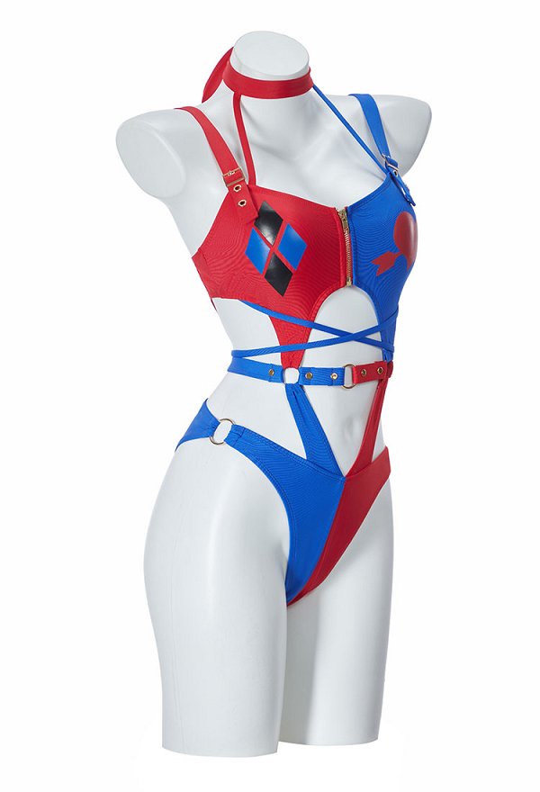 Traje de baño de una pieza con cuello halter y aberturas rojo y azul de la línea Clown Women Derivative