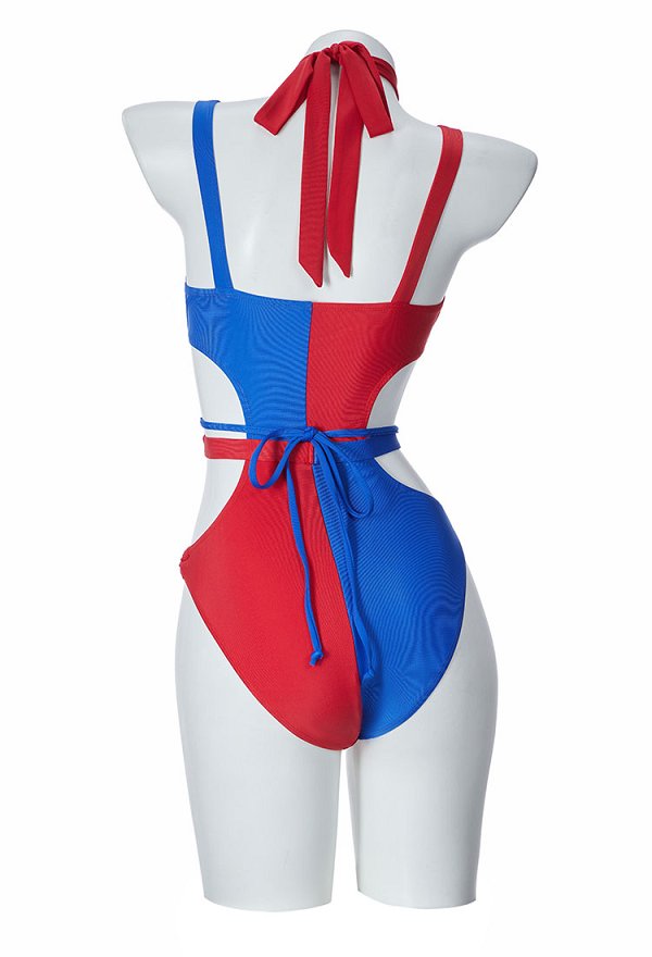 Traje de baño de una pieza con cuello halter y aberturas rojo y azul de la línea Clown Women Derivative