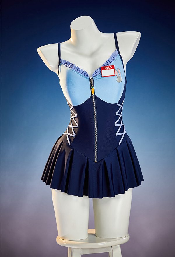Traje de baño de una pieza derivado de Zootopia Judy con cubierta protectora contra el sol con orejas de conejo y etiqueta con el nombre