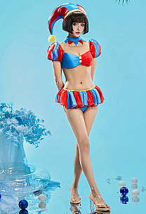 TADC Clown Girl Derivative Two-piece Swimsuit Red and Blue Patchwork Puff-sleeved Top and Skirted Bottom with Collar