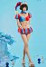 Maillot de bain deux pièces dérivé du modèle Clown Girl de TADC rouge et bleu patchwork haut à manches bouffantes et bas à jupe avec col