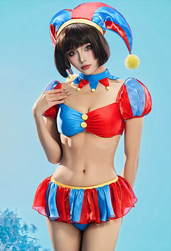 TADC Clown Girl Derivative Two-piece Rot Blau Swimsuit Bademode mit Patchwork Oberteil mit Puffärmeln Rockteil Kragen