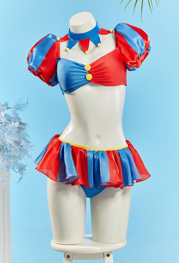 TADC Clown Girl Derivative Two-piece Rot Blau Swimsuit Bademode mit Patchwork Oberteil mit Puffärmeln Rockteil Kragen