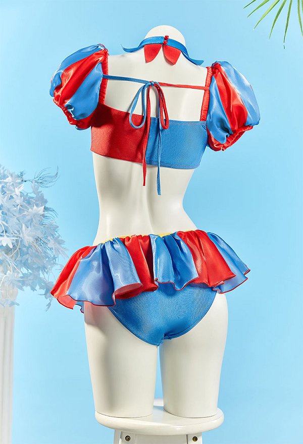 TADC Clown Girl Derivative Two-piece Rot Blau Swimsuit Bademode mit Patchwork Oberteil mit Puffärmeln Rockteil Kragen