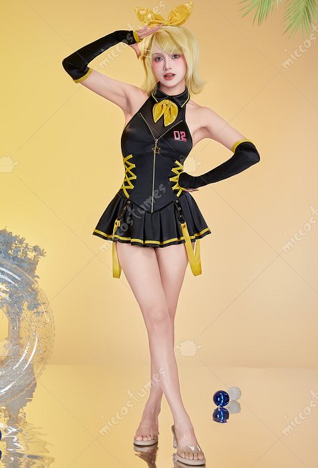 Vocal Kagamine Rin Derivado Traje de baño de una pieza sin mangas con cuello halter, mangas y lazo