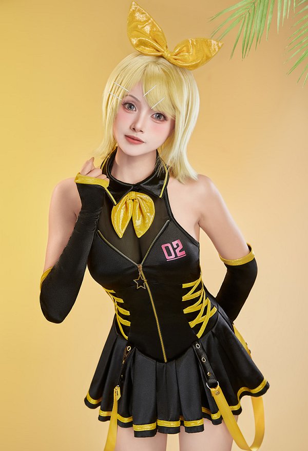 Vocal Kagamine Rin Derivado Traje de baño de una pieza sin mangas con cuello halter, mangas y lazo Vocal Kagamine Rin Derivado Traje de baño de una pieza sin mangas con cuello halter, mangas y lazo