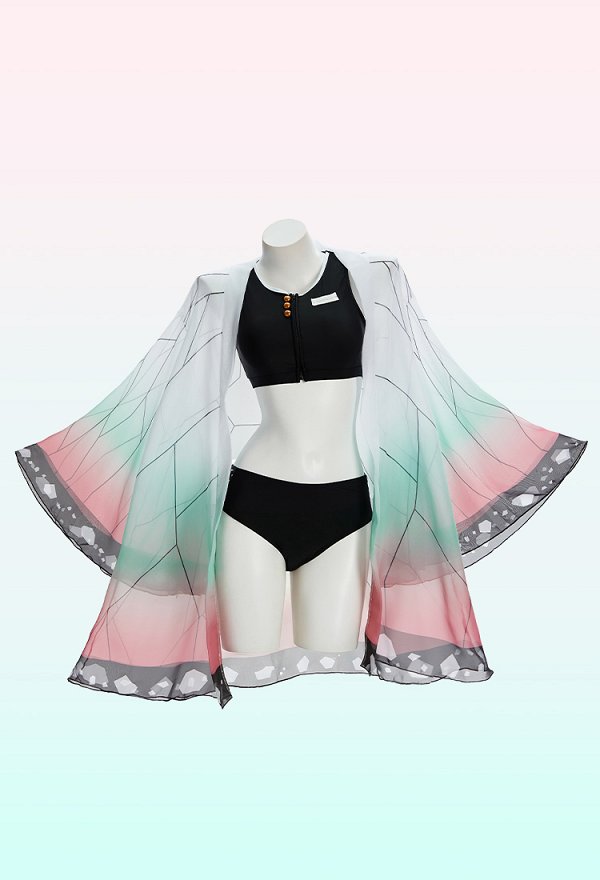 KNY Shinobu Derivative Zweiteiliger Badeanzug mit bedrucktem Rücken kurzem Oberteil und Höschen Haori Überwurf
