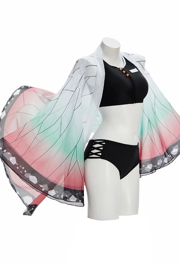 KNY Shinobu Derivative Zweiteiliger Badeanzug mit bedrucktem Rücken kurzem Oberteil und Höschen Haori Überwurf