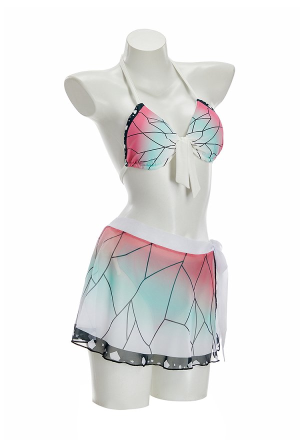 KNY Shinobu Bikini Set mit Neckholder Oberteil und Höschen mit Schmetterlingsmuster Wickelrock