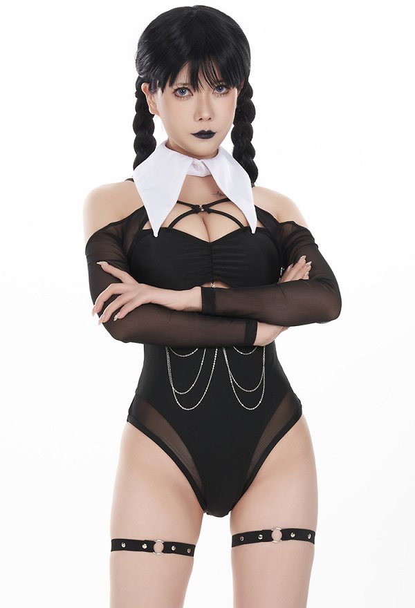 Traje de baño derivado Wednesday para mujer Traje de baño negro de una pieza con corte gótico tirantes en las piernas y cuello