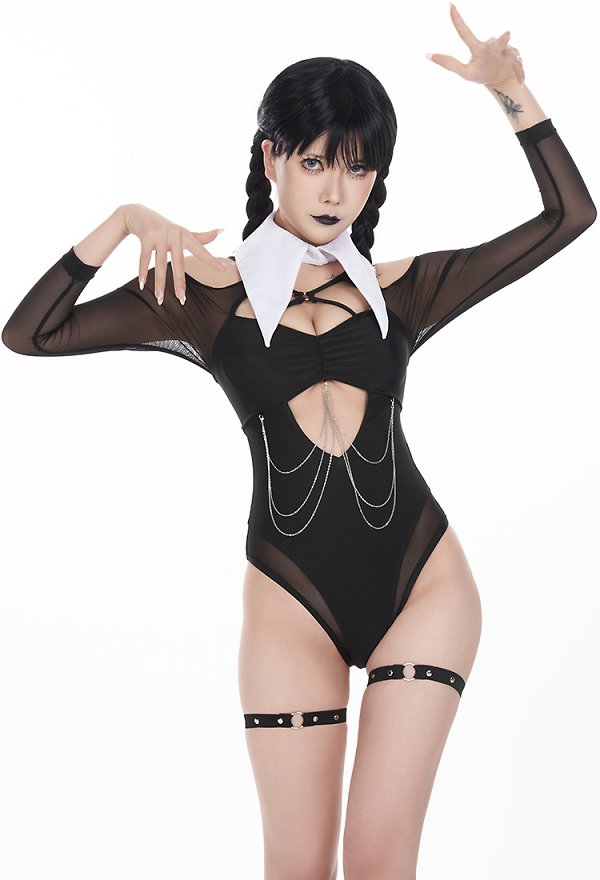 Traje de baño derivado Wednesday para mujer Traje de baño negro de una pieza con corte gótico tirantes en las piernas y cuello