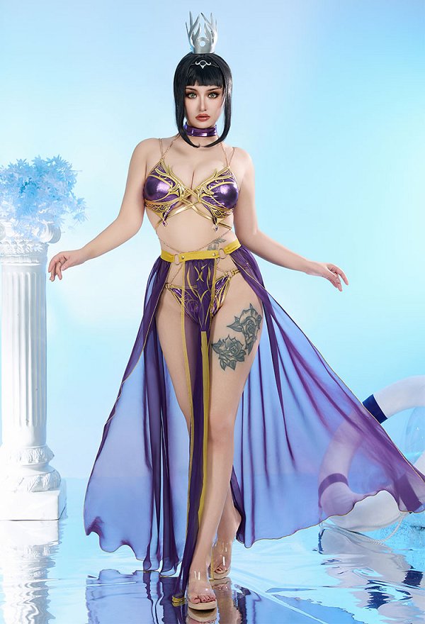Conjunto de bikini derivado de Shadowheart, traje de baño de dos piezas con top halter y braguita y falda cruzada de gasa Conjunto de bikini derivado de Shadowheart, traje de baño de dos piezas con top halter y braguita y falda cruzada de gasa