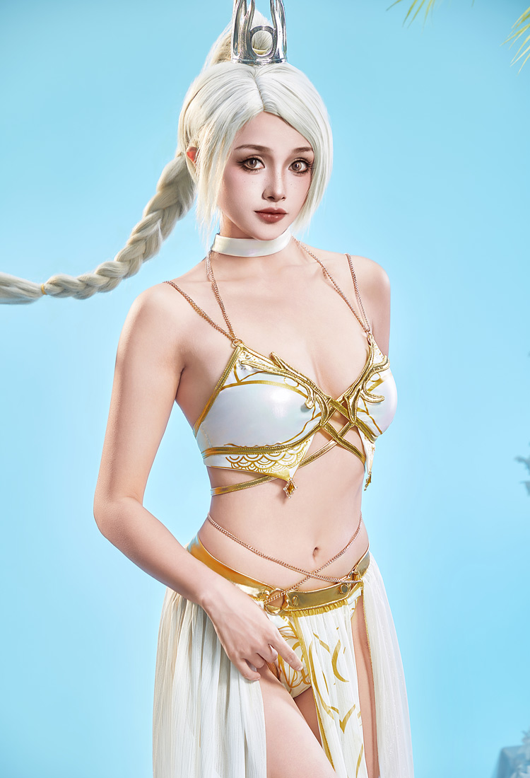 Baldur's Gate Shadowheart Game-inspired White Printed Bikini Two-piece Swimsuit with Tulle Skirt Cover Up