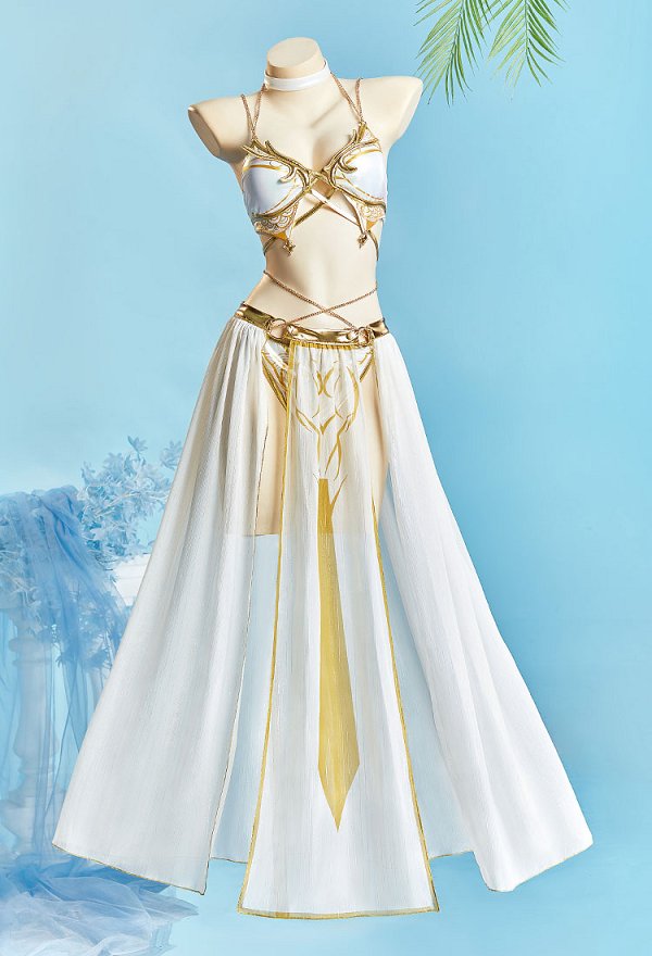 Maillot de bain deux pièces blanc imprimé inspiré du jeu Baldur's Gate Shadowheart avec jupe en tulle
