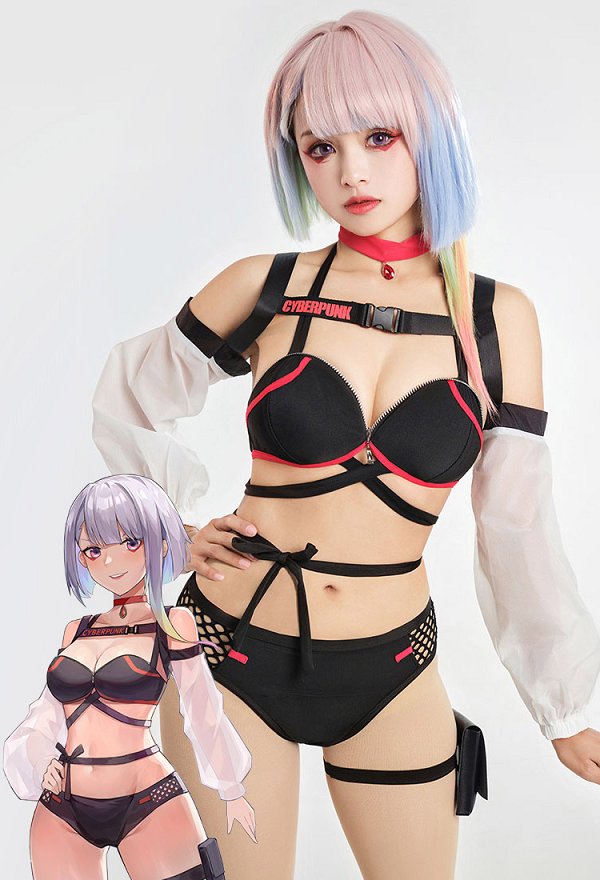 Cyberpunk Lucy Derivative Sexy Bañador Conjuntos de Bikini con Cordones para la Parte Superior e Inferior de Bañador con Gargantilla y Encubrimiento