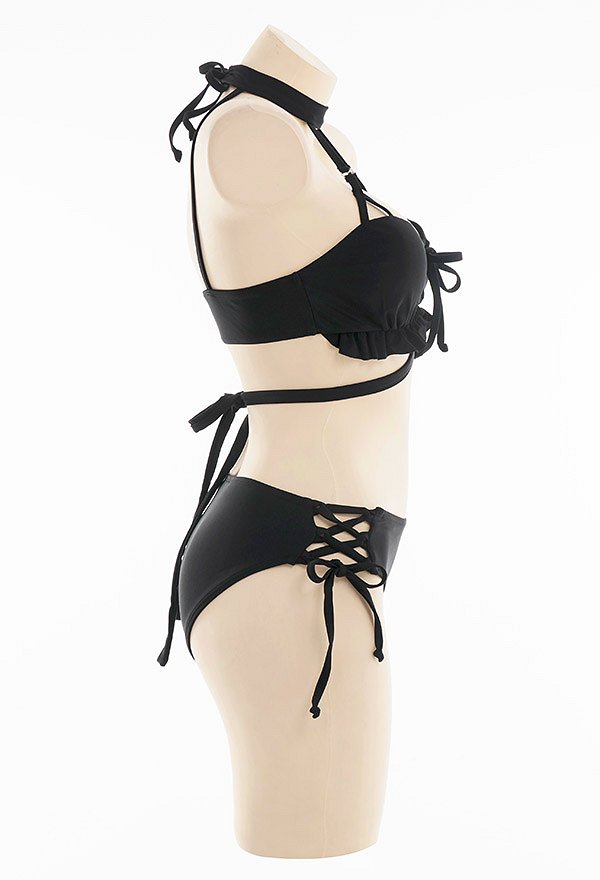 Miccostumes Swimsuits Gothic Lolita for Bathing Sexy Bikini Set Halter Cross Rope Top and Side Lace-up Shorts Two Piece Bathing Suit Swimwear