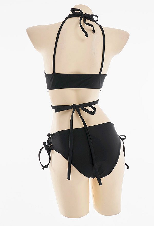 Miccostumes Swimsuits Gothic Lolita for Bathing Sexy Bikini Set Halter Cross Rope Top and Side Lace-up Shorts Two Piece Bathing Suit Swimwear