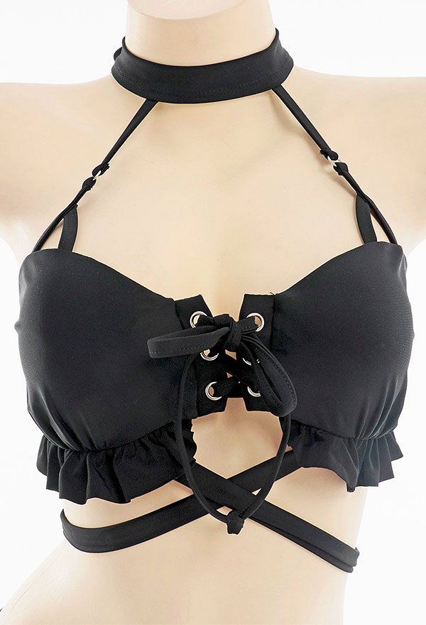 Miccostumes Swimsuits Gothic Lolita for Bathing Sexy Bikini Set Halter Cross Rope Top and Side Lace-up Shorts Two Piece Bathing Suit Swimwear