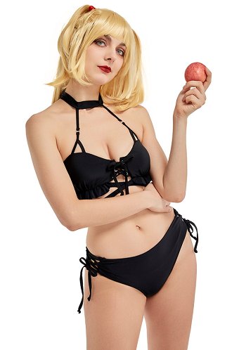 Miccostumes Trajes de baño Gótica Lolita para bañarse Conjunto de bikini sexy Top halter con cordones cruzados y pantalones cortos con cordones laterales Traje de baño de dos piezas