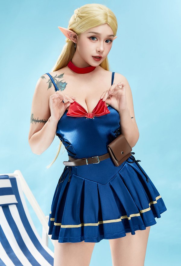 Marcille Derivative Swimdress Blue One Piece Swimsuit Cross Lace-up Bathing Suit with Hooded Cover-up