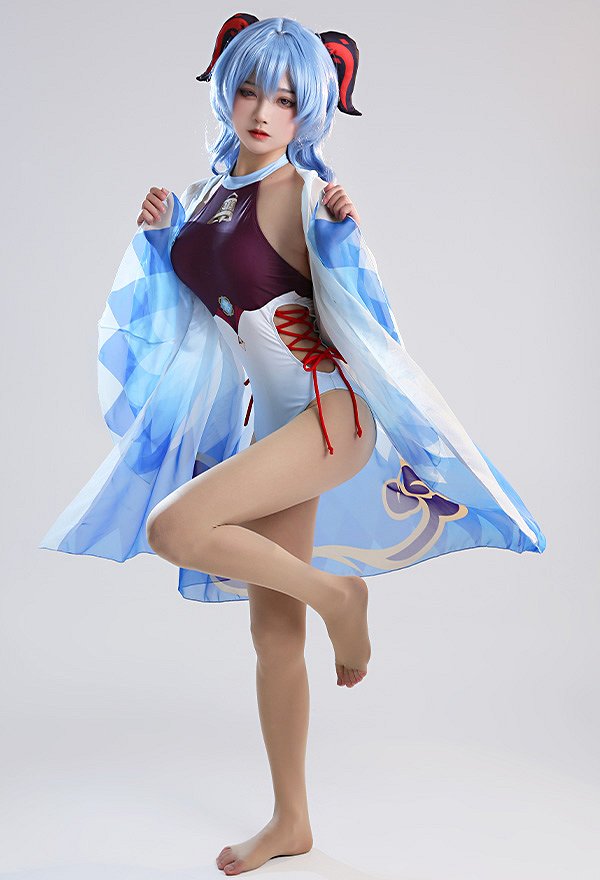 Maillots de bain Miccostumes Maillot de bain une pièce Ganyu Maillot de bain dos nu à enfiler Maillot de bain avec lacets sur les côtés et kimono bleu dégradé Haori Cover Up