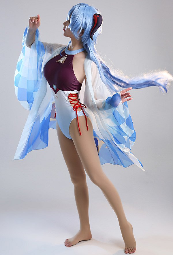 Maillots de bain Miccostumes Maillot de bain une pièce Ganyu Maillot de bain dos nu à enfiler Maillot de bain avec lacets sur les côtés et kimono bleu dégradé Haori Cover Up