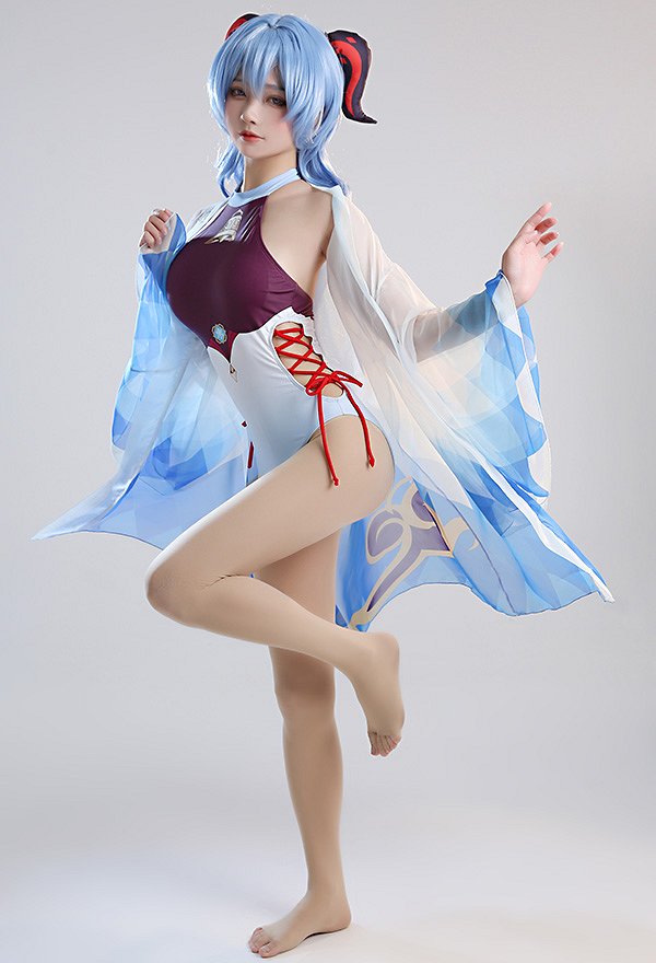 Maillots de bain Miccostumes Maillot de bain une pièce Ganyu Maillot de bain dos nu à enfiler Maillot de bain avec lacets sur les côtés et kimono bleu dégradé Haori Cover Up