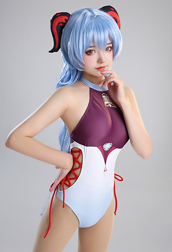 Maillots de bain Miccostumes Maillot de bain une pièce Ganyu Maillot de bain dos nu à enfiler Maillot de bain avec lacets sur les côtés et kimono bleu dégradé Haori Cover Up
