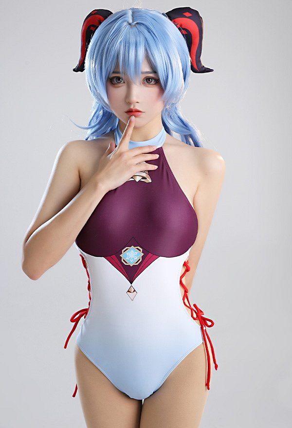 Maillots de bain Miccostumes Maillot de bain une pièce Ganyu Maillot de bain dos nu à enfiler Maillot de bain avec lacets sur les côtés et kimono bleu dégradé Haori Cover Up