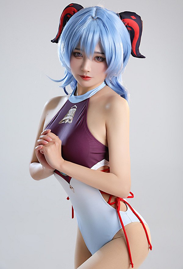 Maillots de bain Miccostumes Maillot de bain une pièce Ganyu Maillot de bain dos nu à enfiler Maillot de bain avec lacets sur les côtés et kimono bleu dégradé Haori Cover Up