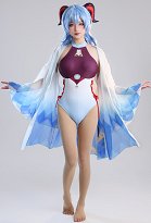 Miccostumes Swimsuits Ganyu Cutout Swimsuit Crisscross Neckholder Cosplay Badeanzug mit Chiffon Haori in Blau