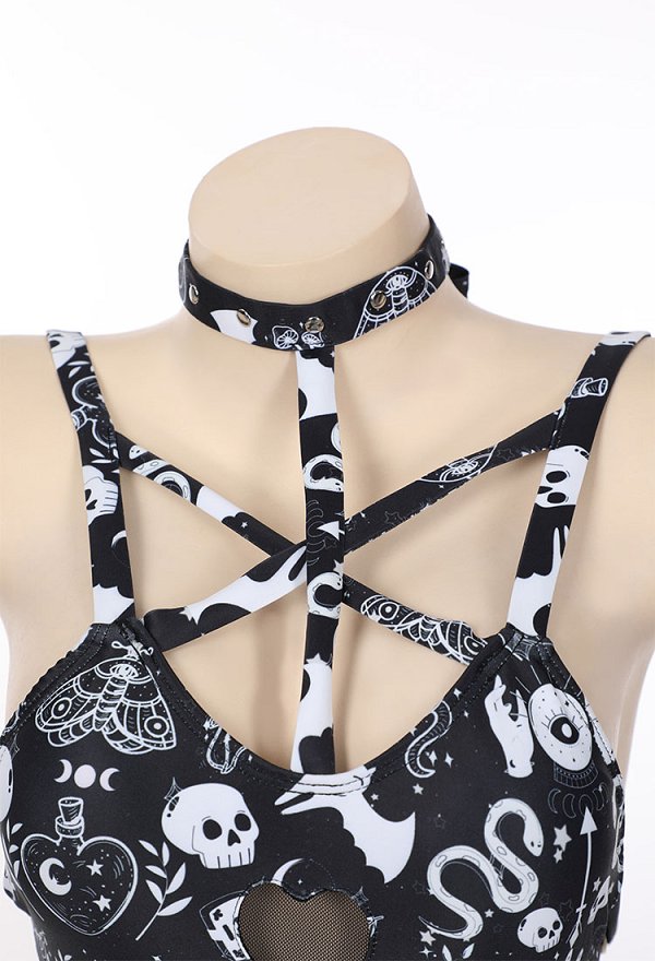 Traje de baño de una pieza estilo bruja gótica Traje de baño sin mangas ahuecado