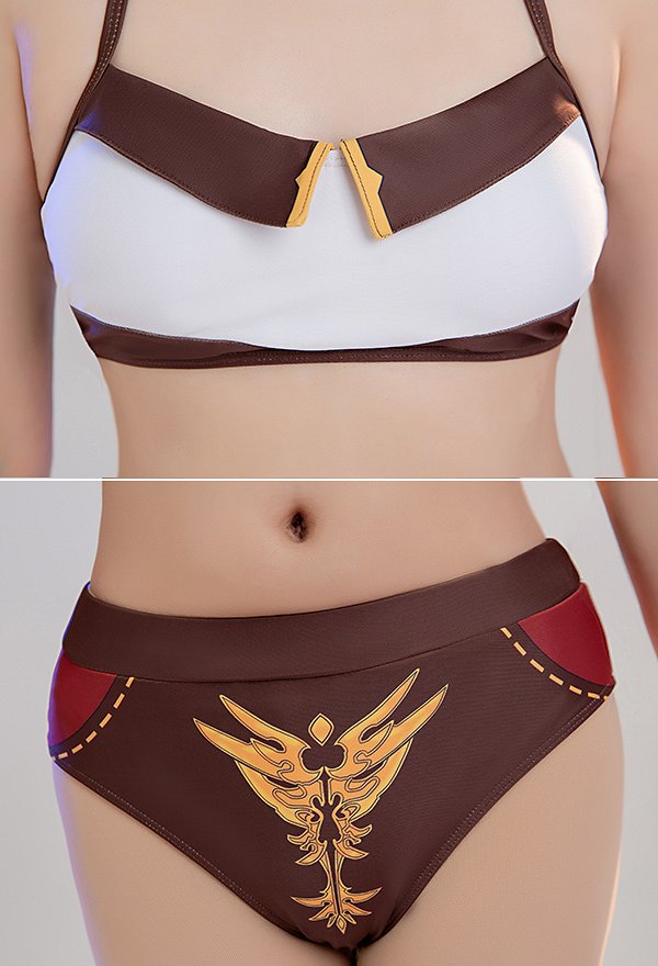 Amber Derivative Two-piece Swimsuit Halter Low-cut Top and Panty Set with Headdress and Choker Bathing Suit Swimwear