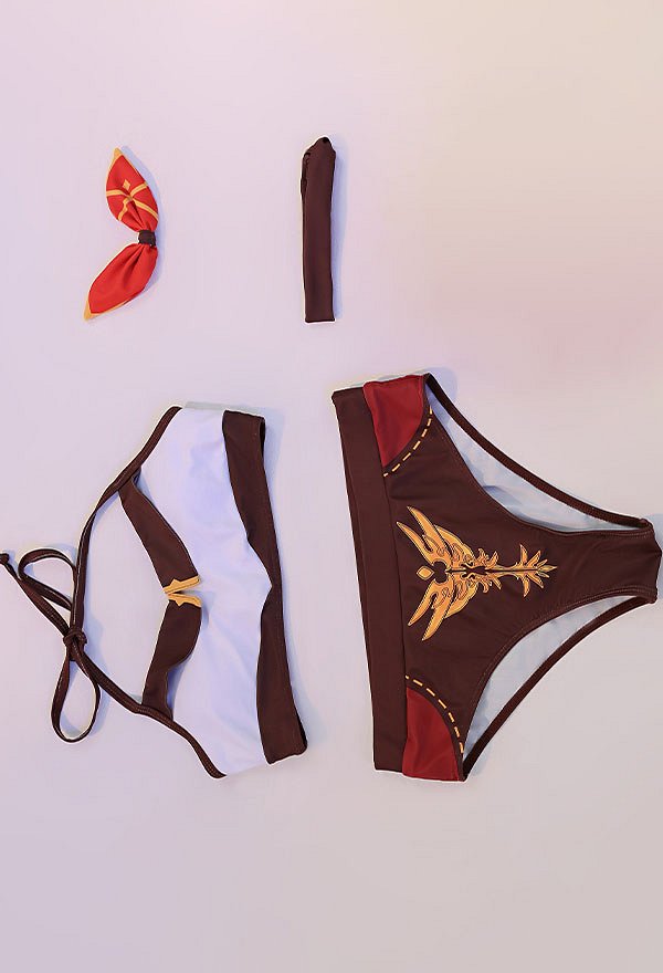Amber Derivative Two-piece Swimsuit Halter Low-cut Top and Panty Set with Headdress and Choker Bathing Suit Swimwear