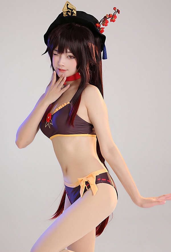 Miccostumes Trajes de Baño Hu Tao Conjunto de Bikini Derivado Estilo Chino Top y Pantalones de Dos Piezas con Lindos Clips de Flores
