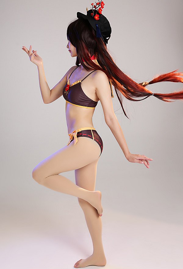 Miccostumes Trajes de Baño Hu Tao Conjunto de Bikini Derivado Estilo Chino Top y Pantalones de Dos Piezas con Lindos Clips de Flores